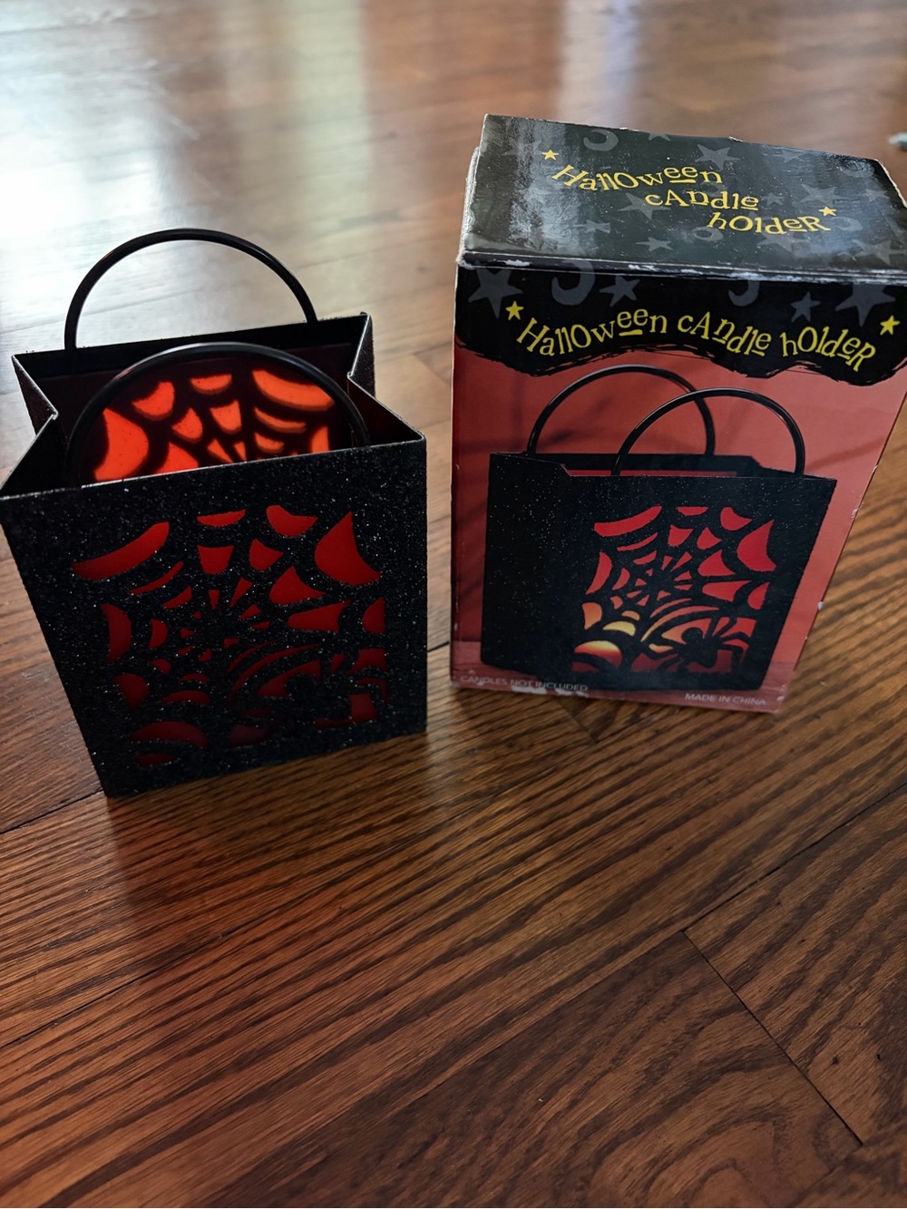 Halloween Spider & Cobweb Metal Glitter Trick or Treat Bag Votive Candle Holder